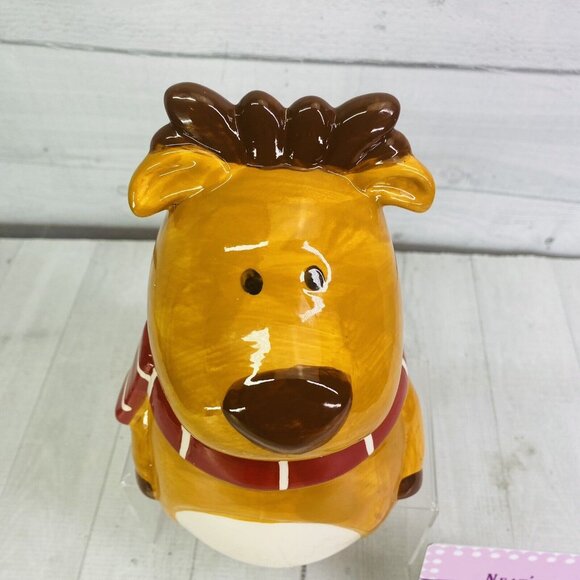 David's Cookies Christmas Reindeer Red Scarf Hand Painted 9.5" Cookie Jar Rare - Picture 5 of 12